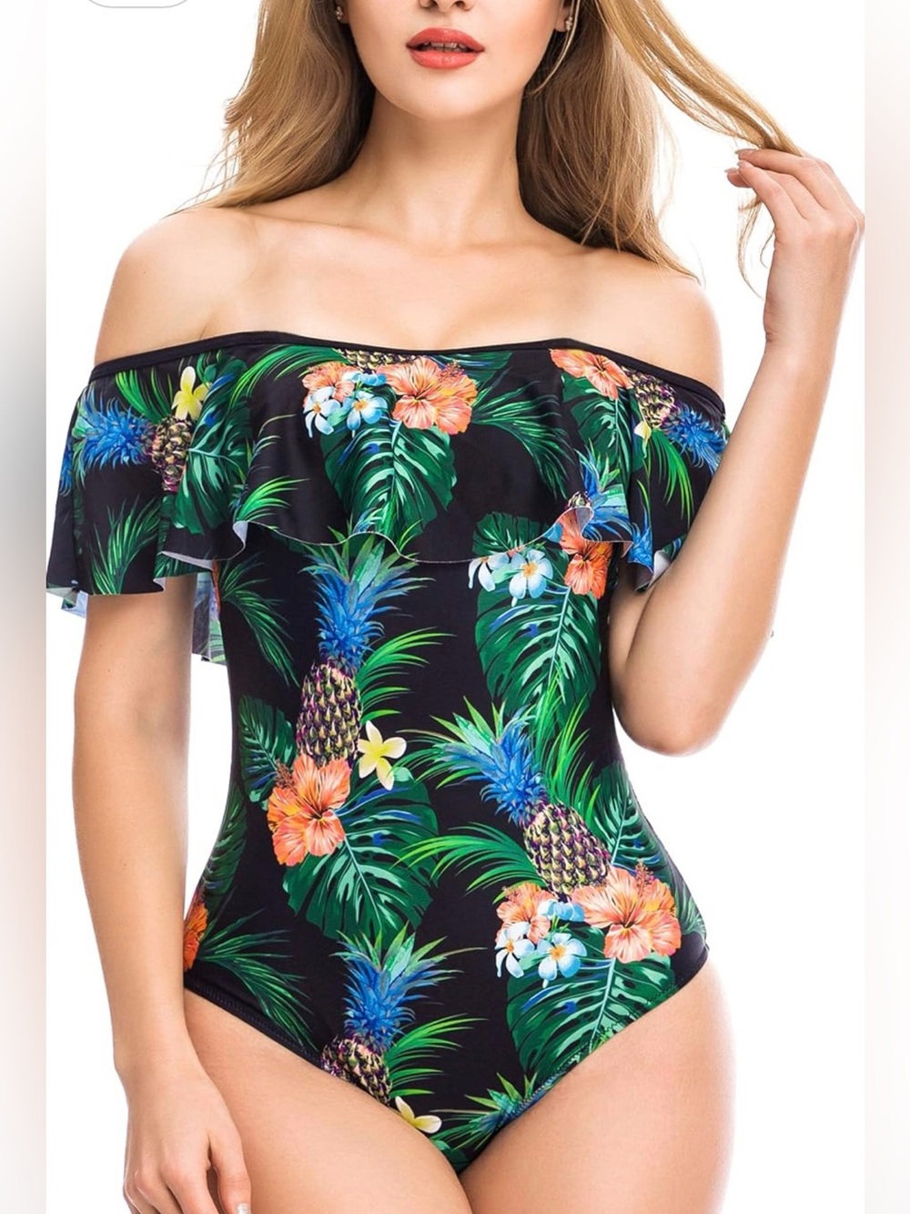 Tropical Pineapple One-Piece Swimsuit - Black with Green & Orange Floral Print